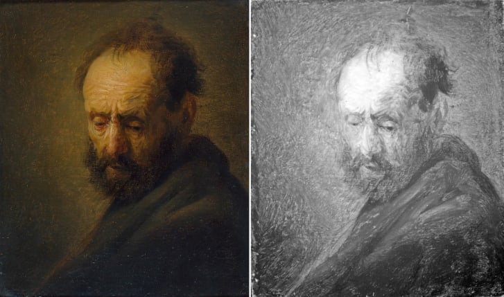 《大胡子男人头像》 左图为绘画，右图为红外图像。