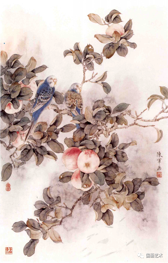 步骤一:用深浅不同的墨色画出鸟,树干,浓淡不同的赭墨画出石榴及叶,汁