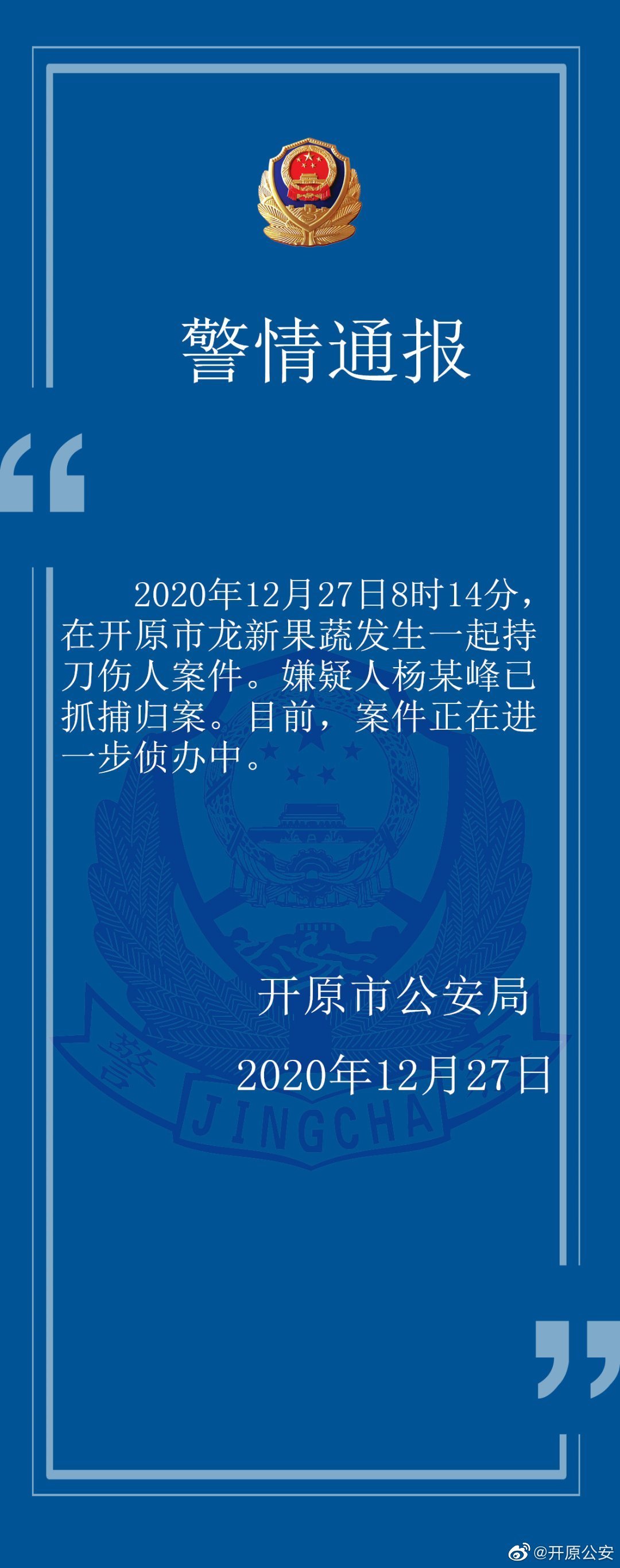 突发!辽宁开原发生持刀杀人案:7死7伤,嫌疑人被抓获