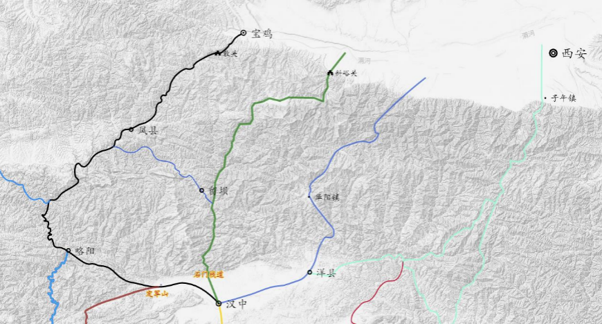 由漢中進攻三秦的道路主要有四條,分別是起自漢代褒中縣 (今漢中市與