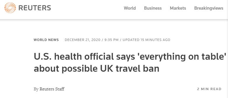 （路透社：关于对英国颁布旅行禁令的可能性，美卫生官员称，把一切选项都摆到桌面上来）