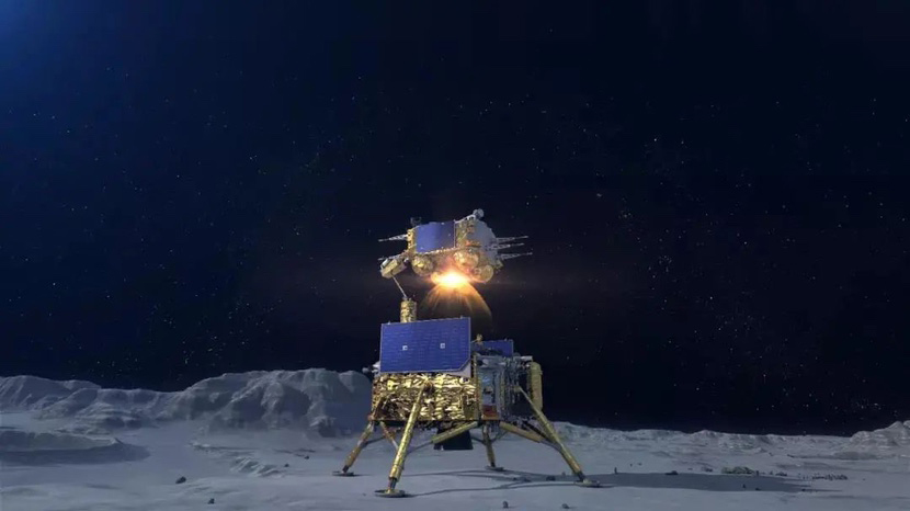携带月壤容器的上升器打开发动机离开月球升空，前往月球轨道履行货品交接的神圣使命