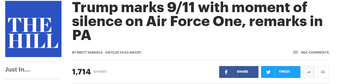 《国会山报》：特朗普在空军一号飞机上为“9·11”事件遇难者默哀并在宾夕法尼亚州发表讲话