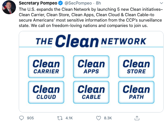 蓬佩奥在推特上介绍其“清洁网络”计划（图源：网络）