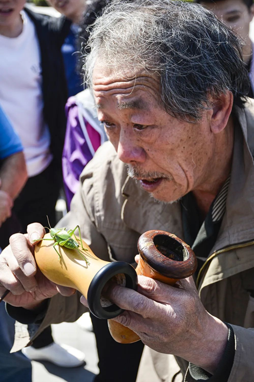 在北京鼓楼一带,巧遇一位号称京城玩虫名家的"蝈蝈刘",正在向中外