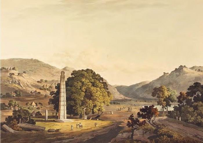 阿克苏姆的方尖碑。 丹尼尔·哈维尔（Daniel Havell），从圣赫勒拿岛、开普敦、印度、锡兰，红海、埃及等拍摄的二十四幅景观之一，手工上色的水彩画，1809年