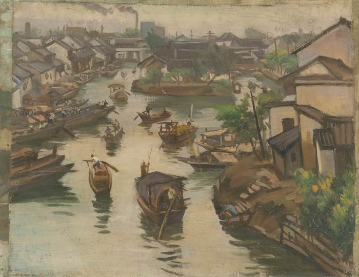 倪贻德，《繁荣的水乡》，油画，49×66cm，中国美术学院美术馆藏
