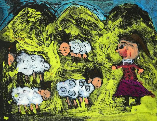 作品简介:牧羊人在草原上赶羊给它们喂草,羊们咩咩叫,很不热闹呢!