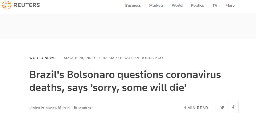 巴西总统质疑新冠死亡率过高：一些人会死去，这就是人生 