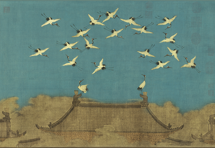 《瑞鹤图》是宋徽宗的一幅名作,画中以工笔绘仙鹤飞于空中之逸态,并以