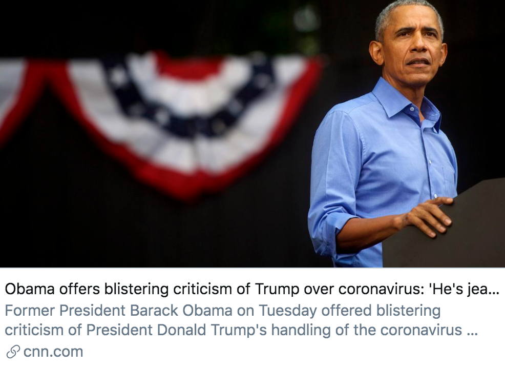 ▲奥巴马就新冠肺炎疫情抨击特朗普，“他嫉妒媒体对新冠的报道”。/CNN报道截图