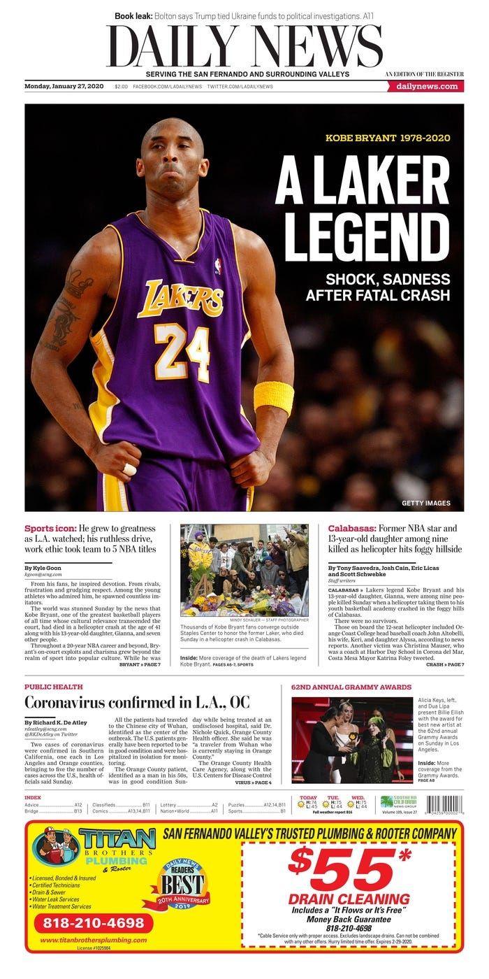 美国和周边23家最大报刊,封面版报道,科比·布莱恩特不幸去世