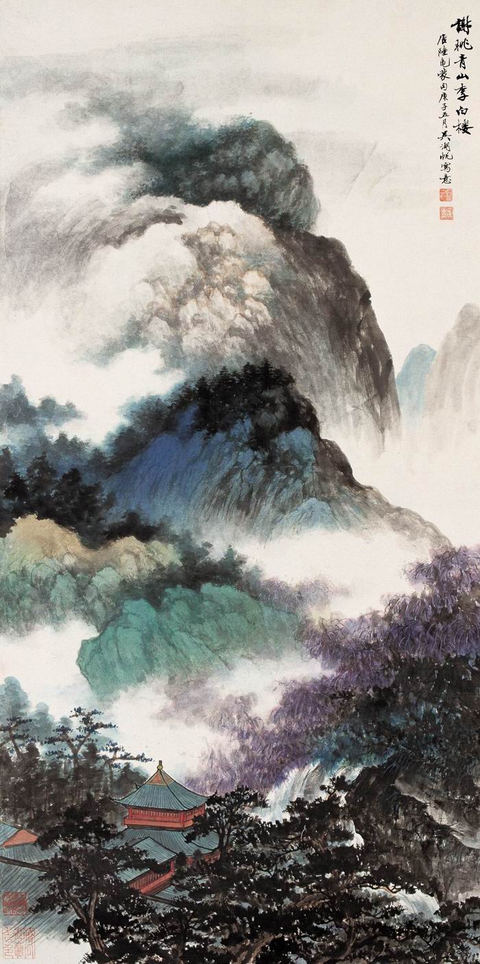 吴湖帆，《双松叠翠》，纸本设色镜片，133x68.5cm，上海中国画院藏