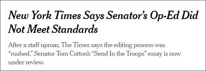 《纽约时报》：科顿的评论文章没有达到标准