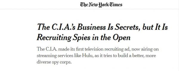 美国《纽约时报》对美中情局公开招募间谍的报道截图（截图自美国《纽约时报》网站）