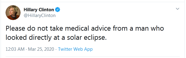 希拉里吐槽特朗普：这男人肉眼看日食，别听他的医疗建议