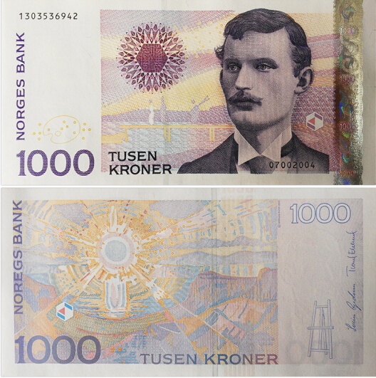挪威纸币1000元面值，正面为爱德华·蒙克肖像及其作品《忧虑》局部，背面为其作品《太阳》