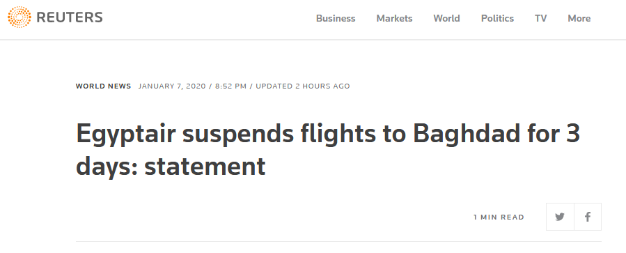 埃及航空暂停飞往巴格达的航班3天
