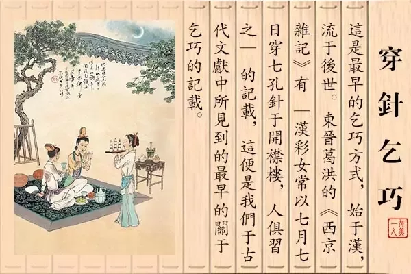 【喜蛛应巧】 南朝梁宗懔《荆楚岁时记》说:"是夕,陈瓜果于庭中以乞巧