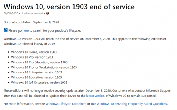Win10 V1903将于12月8日停止支持 微软 大家尽快更新 凤凰网
