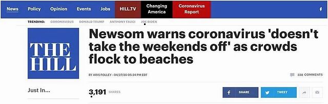 加州州长警告海滩游客：病毒可不过周末