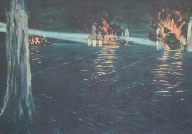 描绘日舰队摧毁3艘盟军巡洋舰的绘画