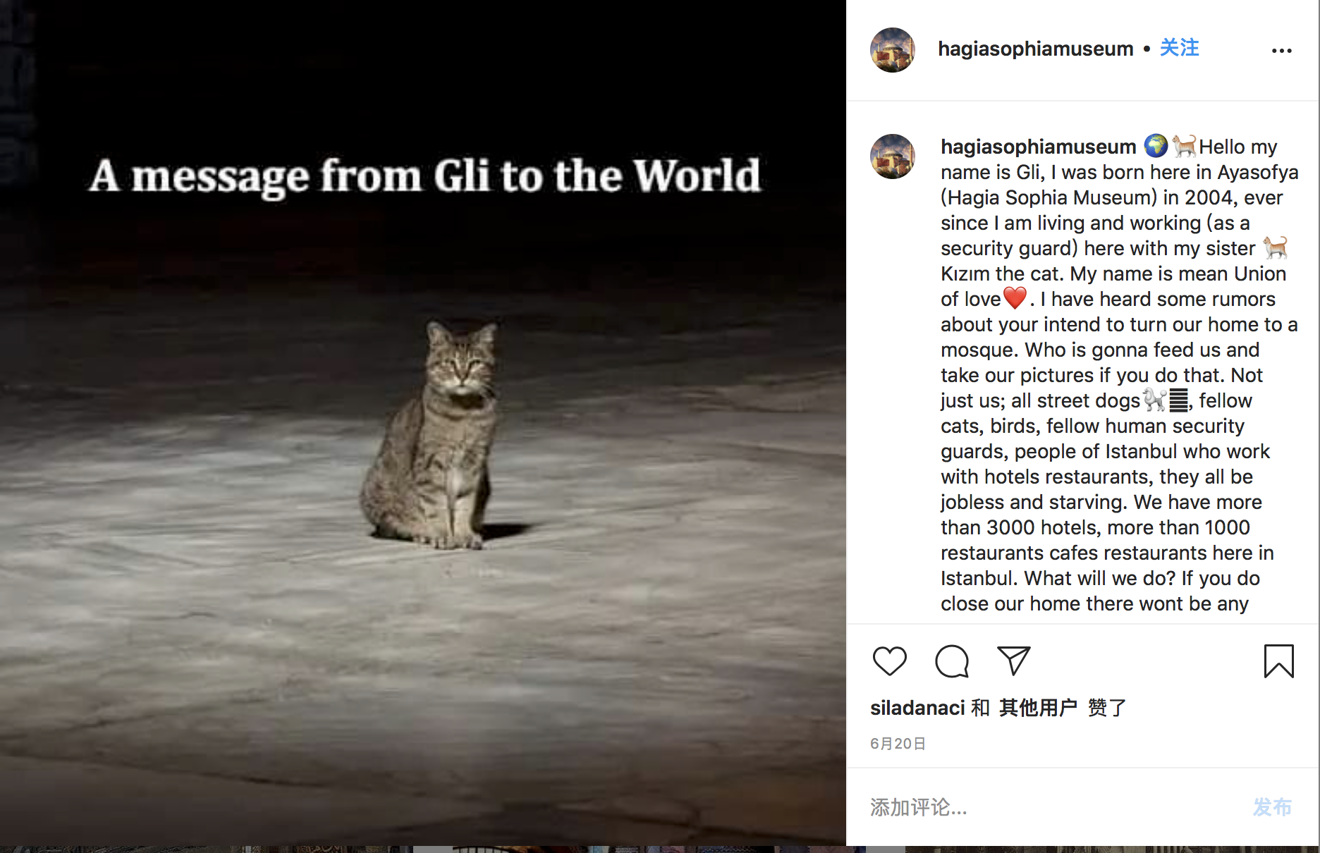 6月20日，圣索菲亚博物馆官方社交媒体账号上，发了一张Gli的照片，并po出了一段以Gli口吻撰写的文案