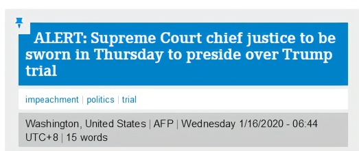 美国最高法院首席大法官将于16日宣誓就职，主持弹劾审判