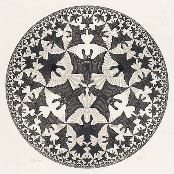 埃舍尔《日与夜》(day and night) 当聊起他的独创画法时,埃舍尔说