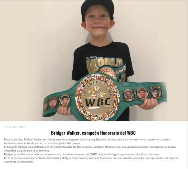 6岁的沃克获赠WBC拳王金腰带。WBC官网截图