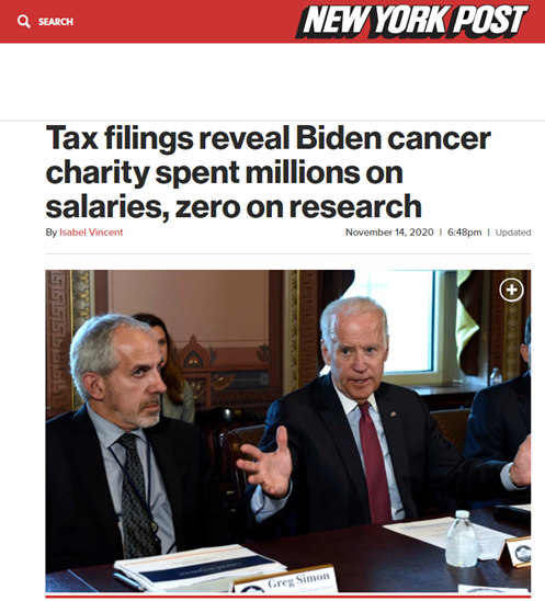 （《纽约邮报》：税务文件显示，拜登的癌症慈善机构在薪水支出上花了数百万美元，而在研究上没有花一分钱）