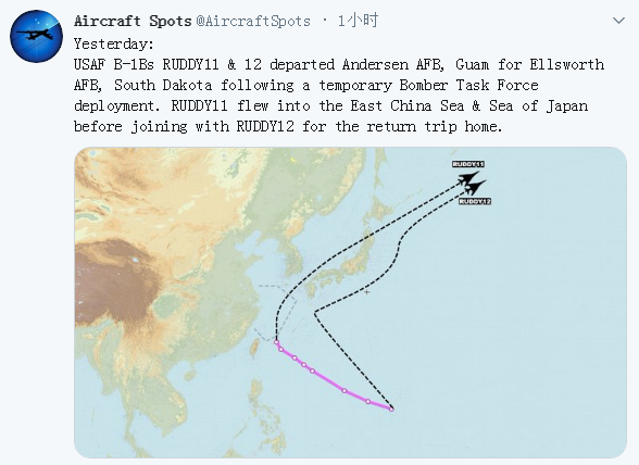 “飞机守望”发布的8月17日美军B-1B轰炸机飞行路线