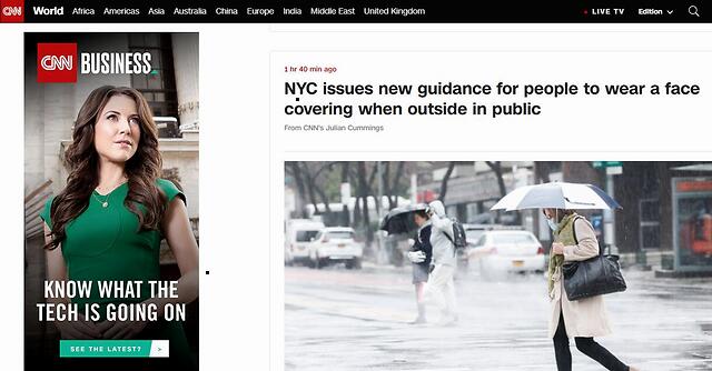 纽约市长督促民众出门戴口罩：可以是围巾，也可以是手帕