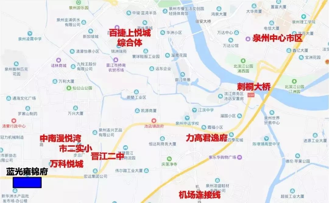 就区位来看,蓝光雍锦府位于晋江池店板块,但并非池店最热的桥南片区和