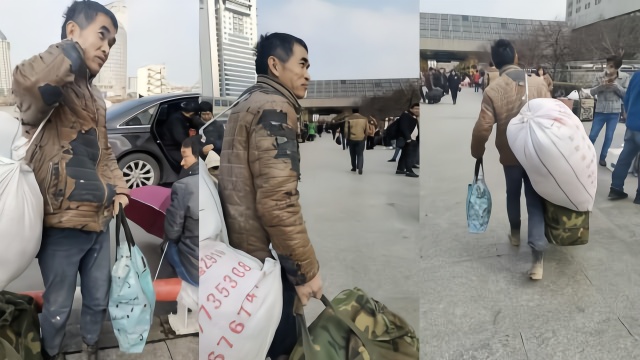 着急回家民工通宵班后穿破衣赶车