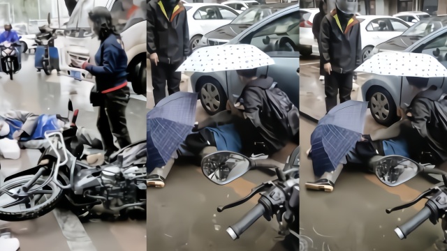 雨天暖心一幕！背包男孩给受伤外卖小哥打伞：看他不容易