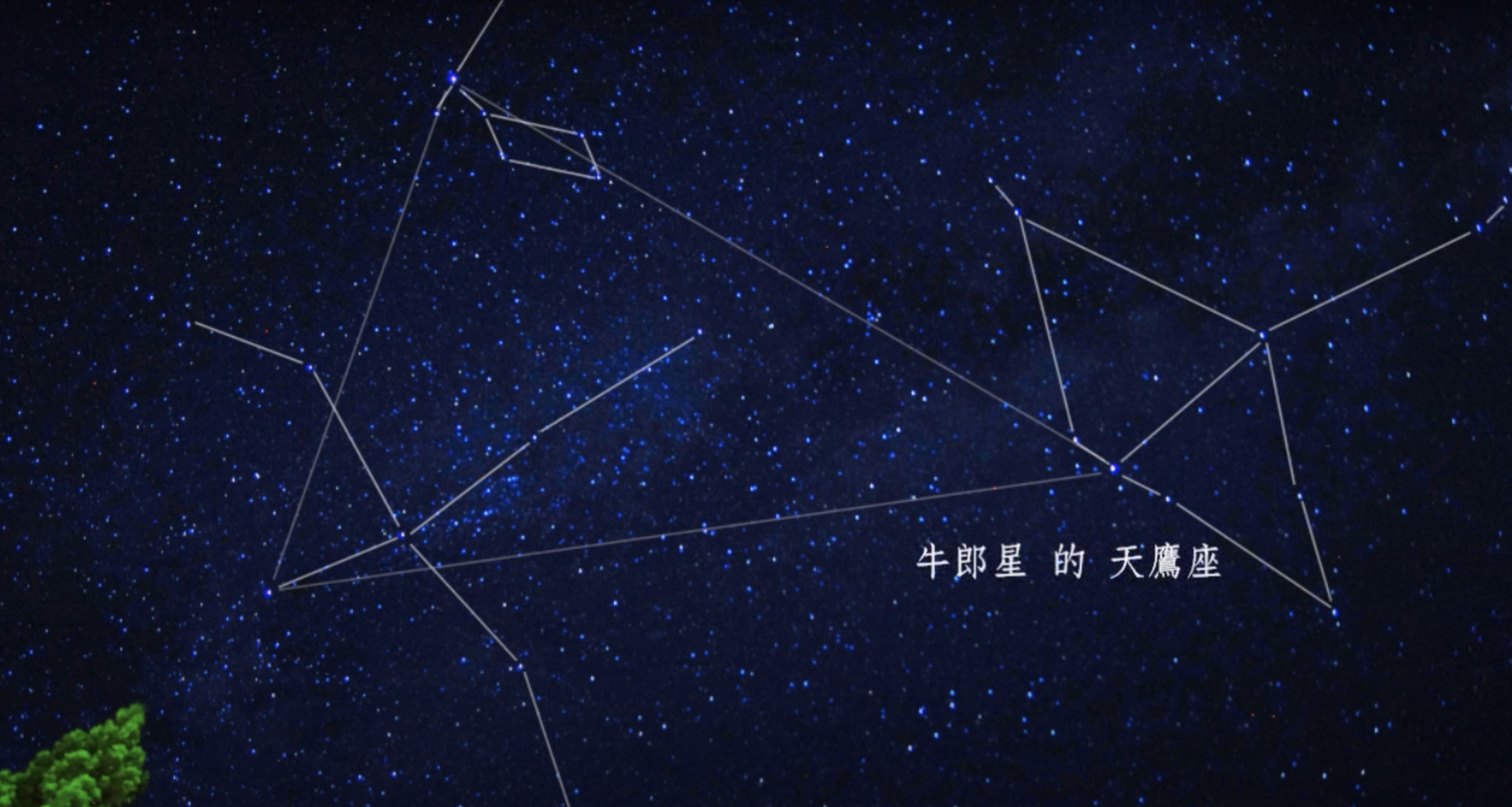 三角形的顶端为织女星的"天琴座",右下方为牛郎星的"天鹰座",左下方为