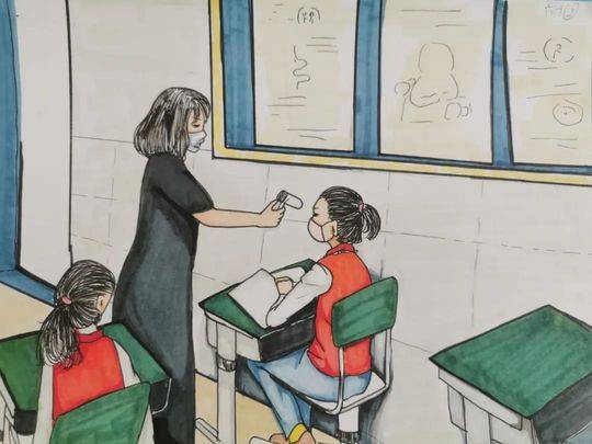小学生用画笔记录校园防疫十二时辰