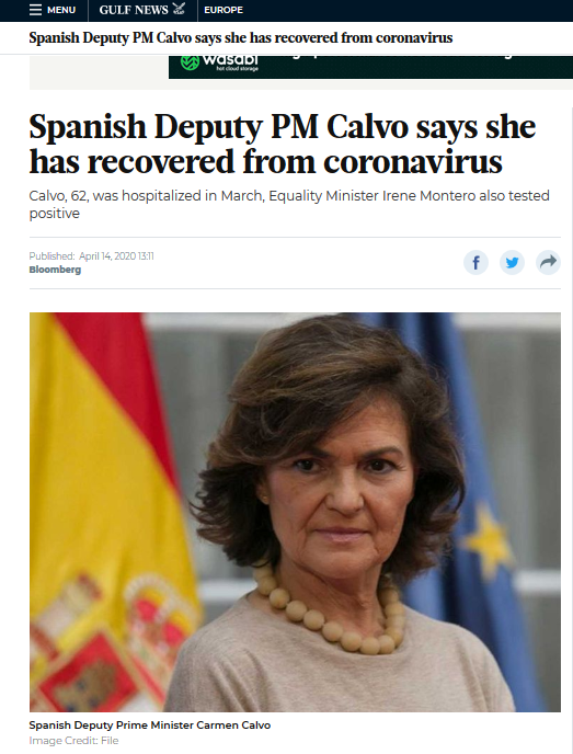 曾感染新冠病毒的62岁西班牙副首相宣布自己痊愈