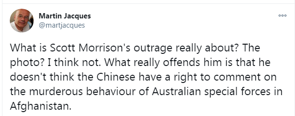 ▲“莫里森的愤怒到底是什么？‘照片’？我想不是。真正令他恼怒的是，他认为中国人无权对澳大利亚特种部队在阿富汗的谋杀行为发表评论。”