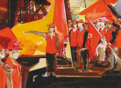 周刚水彩画《不负韶华——我们是青年志愿者》——一抹志愿红,象征着"