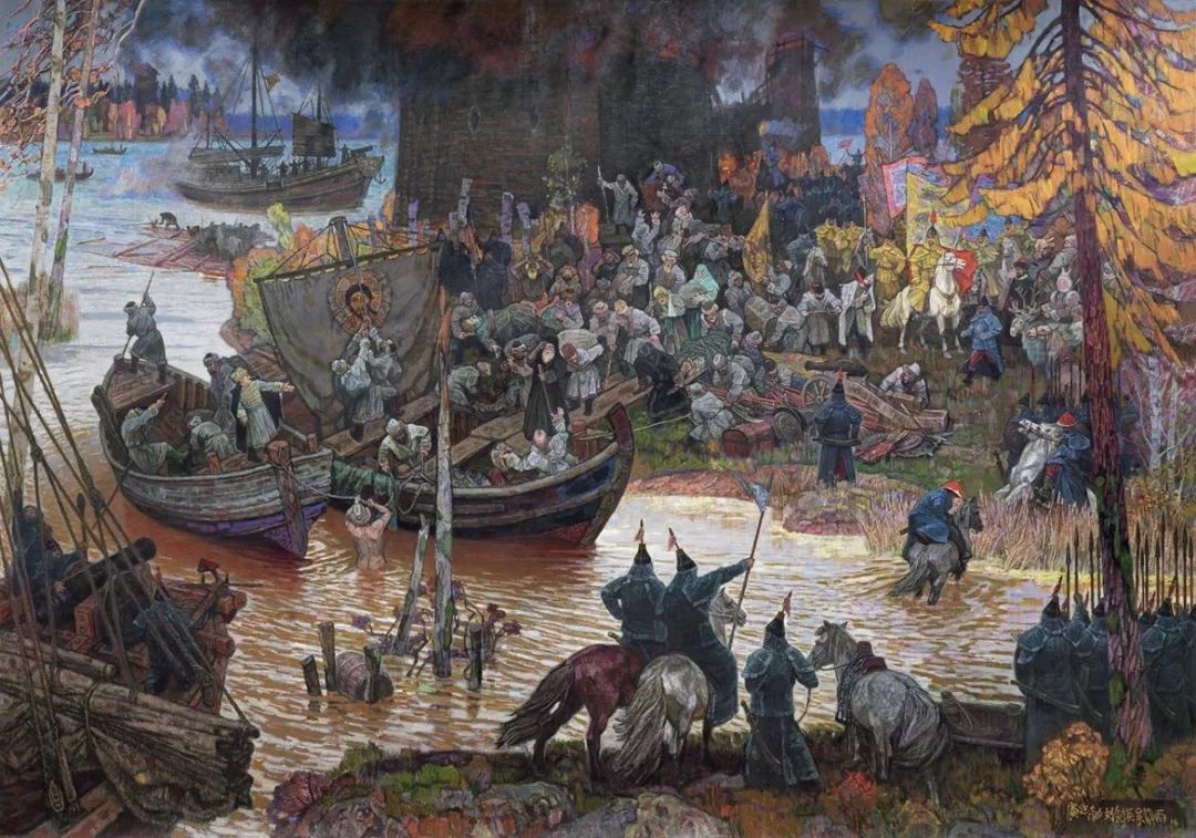 远道而来的清军在达斡尔人的木舟上运载"大将军炮"并准备与达斡尔人