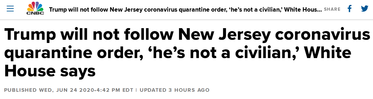 CNBC：白宫说，特朗普不会遵守新泽西州新冠病毒隔离令，“他不是平民”