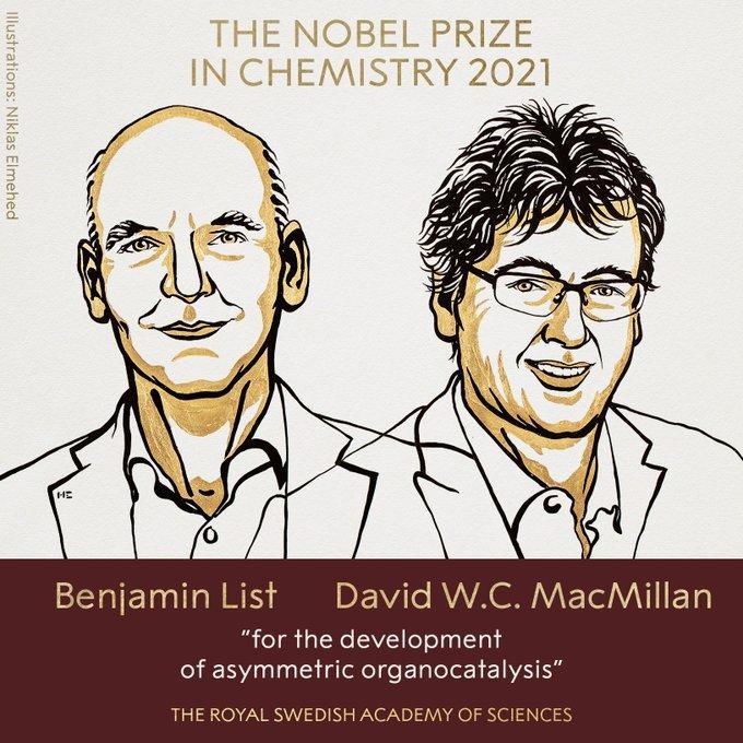 ↑2021年诺贝尔化学奖得主本杰明·李斯特（左）和戴维·麦克米伦。