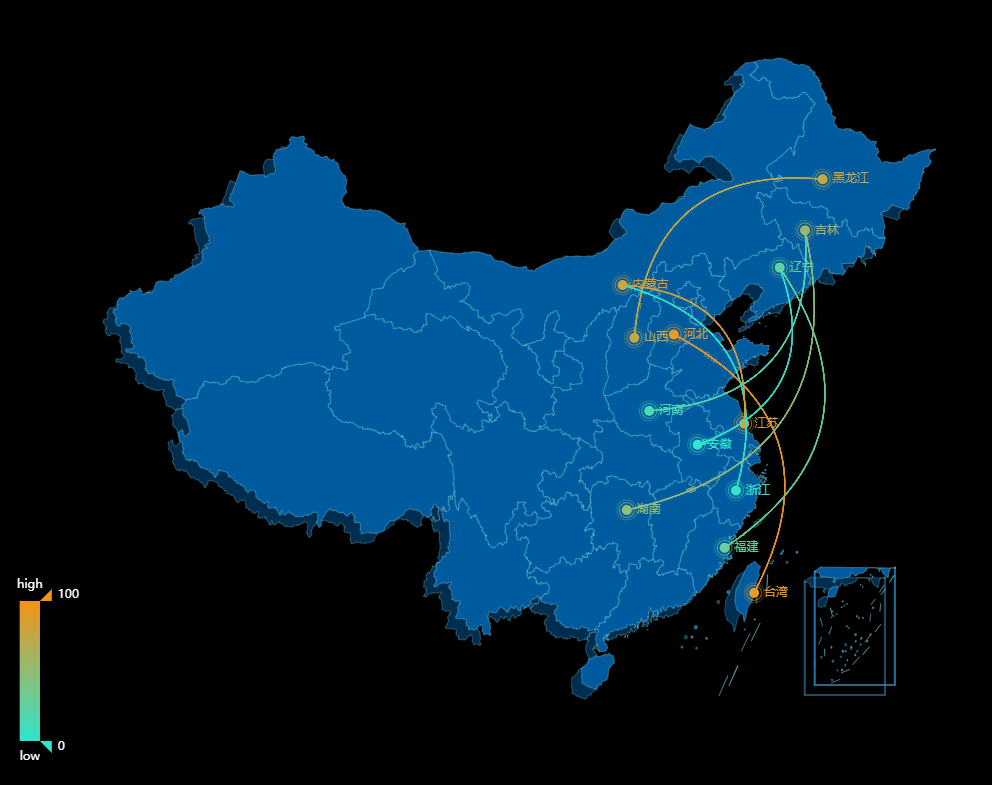 流向地图 一般是用于数据中具有两个维度的地理信息,用于展示数据的