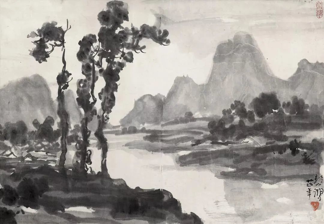 徐悲鸿画山水，水墨淋漓