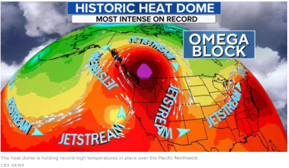 “热穹顶”使太平洋西北部地区出现破纪录的高温天气。/CBS报道截图