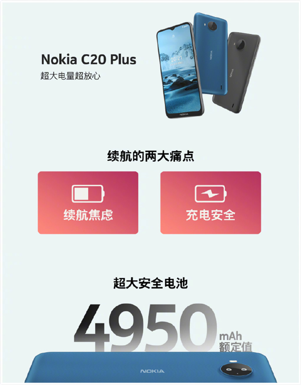 首发699元!诺基亚C20 Plus发布:4950mAh大电池