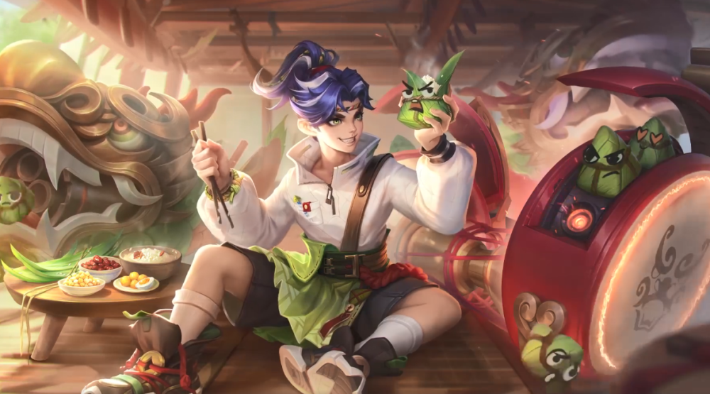 作为端午节的民俗皮肤,当然离不开节日的元素,海报中,蒙犽身边摆着鼓