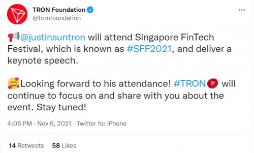 波场TRON创始人孙宇晨将出席SFF 2021新加坡金融科技节”